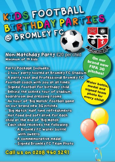 Don't forget we also offer brilliant football parties! See below the two types of football parties we offer  ⚽️ 

For booking information:

events@bromleyfc.co.uk or call 0208 460 5291