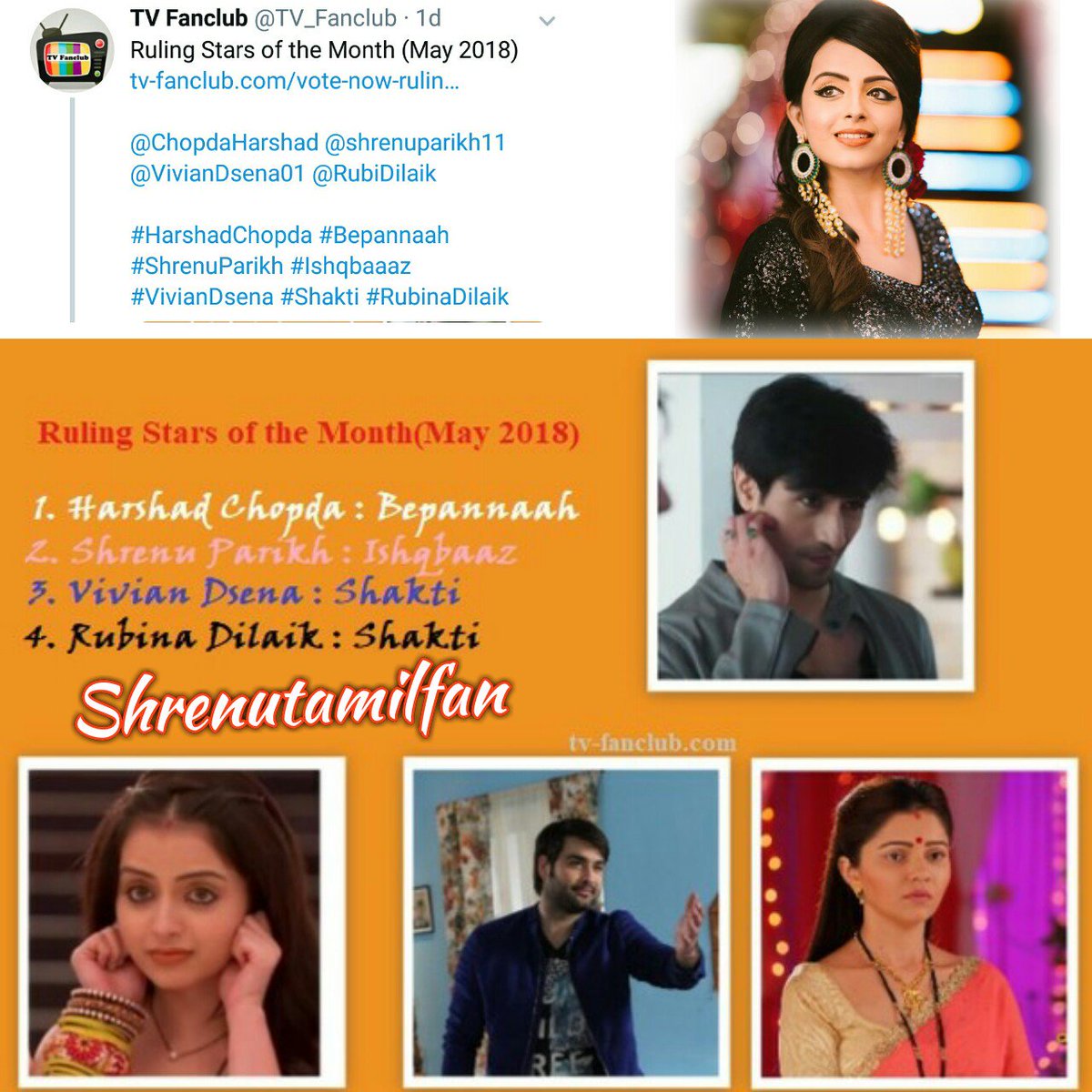 shrenufan_tamil's tweet photo. Ruling Star for the month of May, result of @TvFanClub
Congrats @shrenuparikh11 dear, this is for Ur brilliant Performance, wowowow #gauri #Ishqbaaaz #awesomeperformance #brillant #rockingperformance #congrats 👌👌👌💕😍😘👍👍 https://t.co/m5PL1Z9GZi