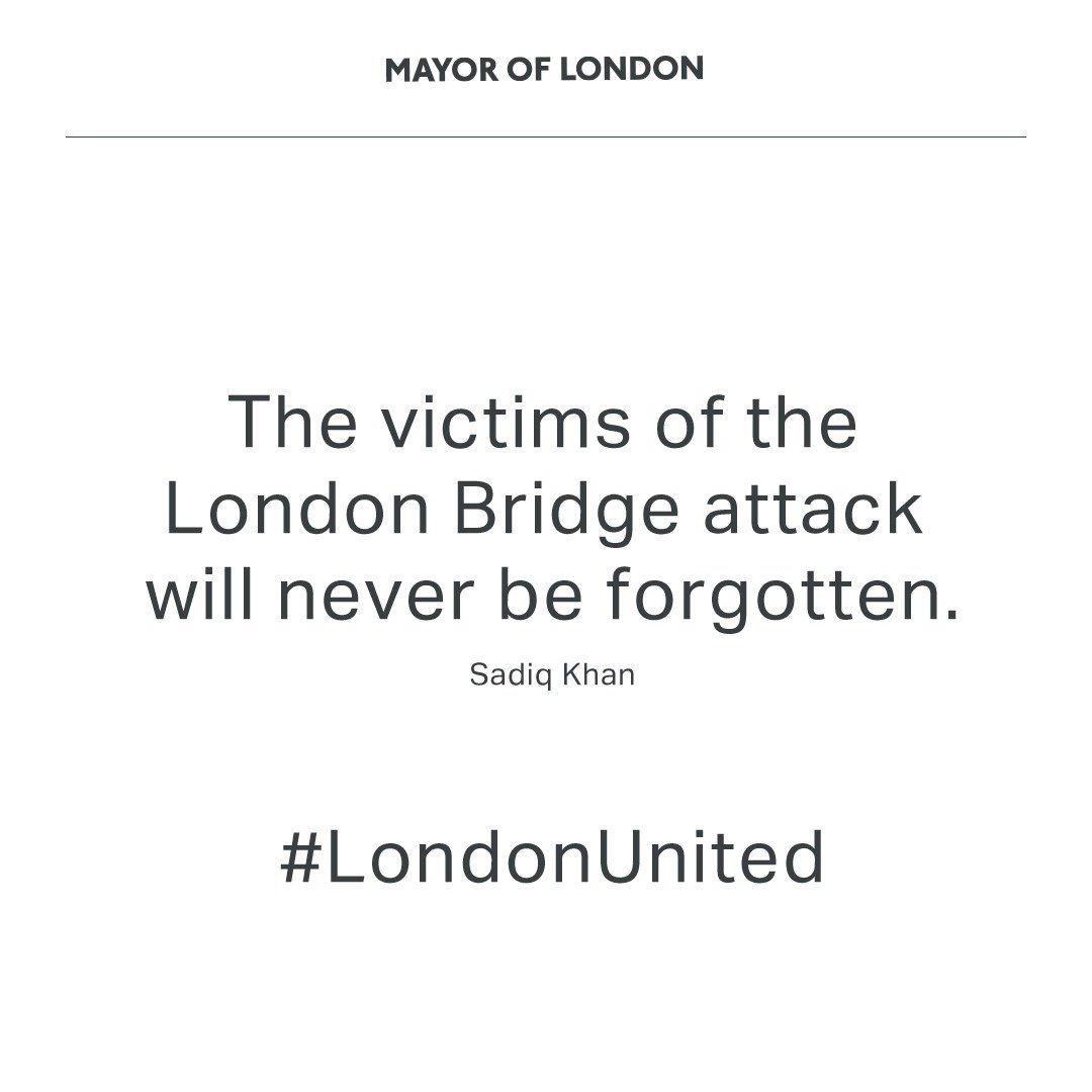 MayorofLondon's tweet photo. Today marks the anniversary of the horrific terrorist attack at London Bridge. The innocent victims of this cowardly act will forever remain in our hearts. We send our love and prayers to the victims’ families and everyone who was injured. Share your support with #LondonUnited https://t.co/0Nb5YzrDjY