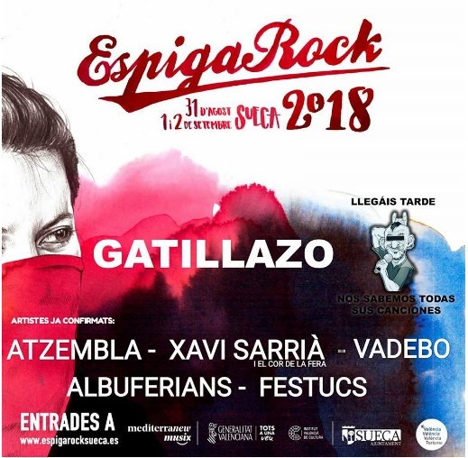 Rock a la Marina (@rockalamarina) on Twitter photo <a href="/EspigaRock/">Espiga</a> #Sueca 31 agost i 1,2 de setembre
<a href="/LOSGATILLAZO/">GATILLAZO</a> <a href="/atzembla/">Elṓn Musķ ̲̲ __-°</a> <a href="/xavisarria/">Xavi Sarrià 🇵🇸</a> <a href="/Vadebogrup/">VADEBO</a> #albuferians <a href="/Festucs_/">Festucs</a> <a href="/EspigaRock/">Espiga</a> #Sueca 31 agost i 1,2 de setembre
<a href="/LOSGATILLAZO/">GATILLAZO</a> <a href="/atzembla/">Elṓn Musķ ̲̲ __-°</a> <a href="/xavisarria/">Xavi Sarrià 🇵🇸</a> <a href="/Vadebogrup/">VADEBO</a> #albuferians <a href="/Festucs_/">Festucs</a>
