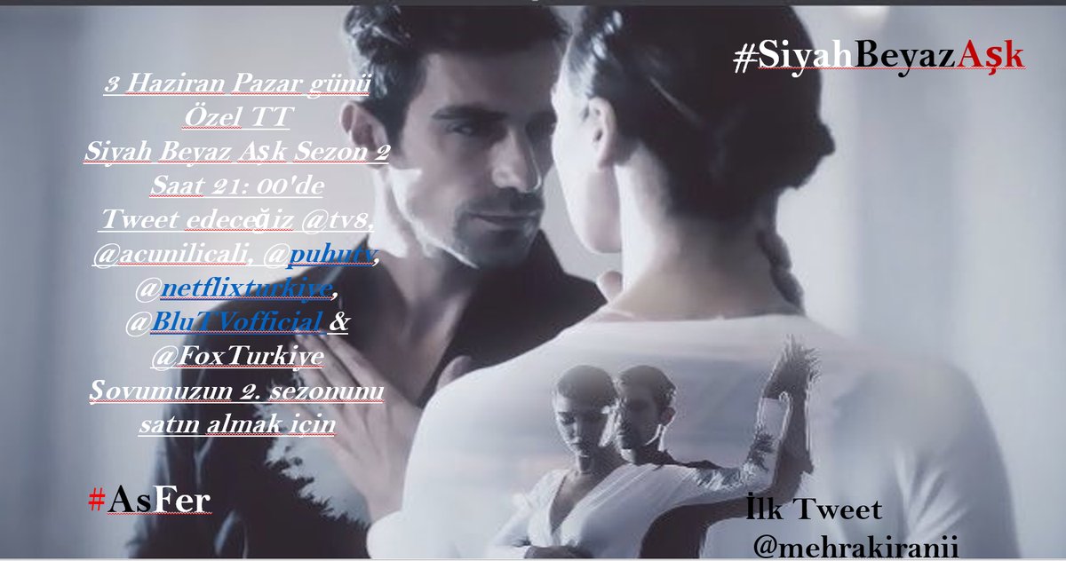 #SiyahBeyazAşk ailesi, savaşımız devam etmeli. #AsFer hayranları ikinci bir sezonu istiyorlar, sesimizi duymalarını sağlayalım. Yarın saat 21: 00'de Türkiye’de TT’de çalışıyoruz. Hepiniz katılmak için bekliyoruz. Hep birlikte hatırlarız biz daha güçlüyüz
@mehrakiranii