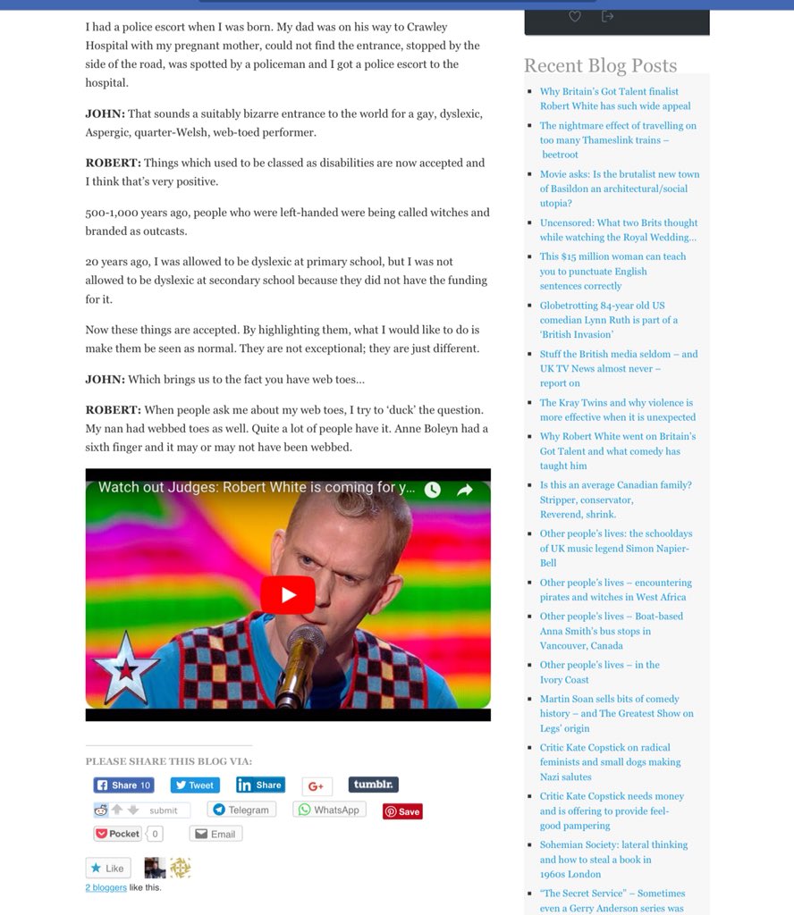 sanshui596's tweet photo. https://t.co/VsOK5b8glf
Read #latest @thejohnfleming #blog on why #RobertWhite has such wide appeal. @robertwhitejoke is in the #FINAL of @BGT TONIGHT 
#RobertWhiteisawinner IF YOU VOTE #autistic #aspergic #dyslexic #webfooted BUT #TALENTED #FUNNY, #FABULOUS #VOTE #LGBTQ #LGBT https://t.co/EbAPNejtSO