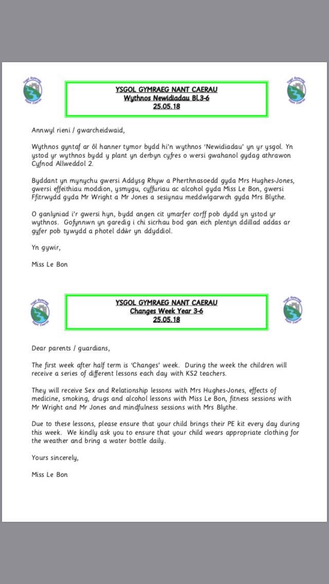 YGNantCaerau's tweet photo. Pwysig - Llythyr Bl.3-6 ar gyfer wythnos hon! Bydd angen cit ymarfer corff pob dydd.

Important - Letter for Years 3-6 regarding this week! Will need PE kit everyday.

Diolch
#WythnosNewidiadau #ChangesWeek https://t.co/PeoIX5ACeE