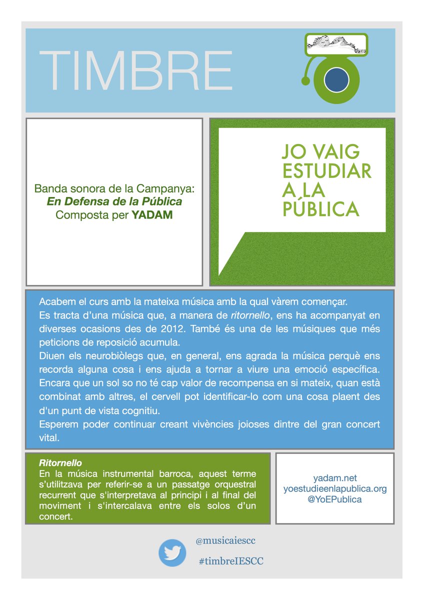 musicaiescc's tweet photo. Acabem el curs amb el mateix #TimbreIESCC🔈🎶 a @iesccalaquas amb el qual vàrem començar. Banda sonora de la campanya "En defensa de la Pública" de @YoEPublica. La lletra, per si voleu cantar: lele leleia lele leleia 🎵🎶. https://t.co/nh1ONbRU2M. #biaixosCognitius https://t.co/Sgclx1OB3w