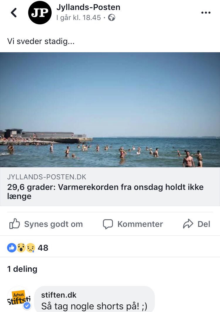 KFrydensbjerg's tweet photo. Det er varmt, men @stiftendk holder hovedet koldt og owner @jyllandsposten på facebook 😂😂 #shortsgate #dkmedier https://t.co/54cGnt2hZ3