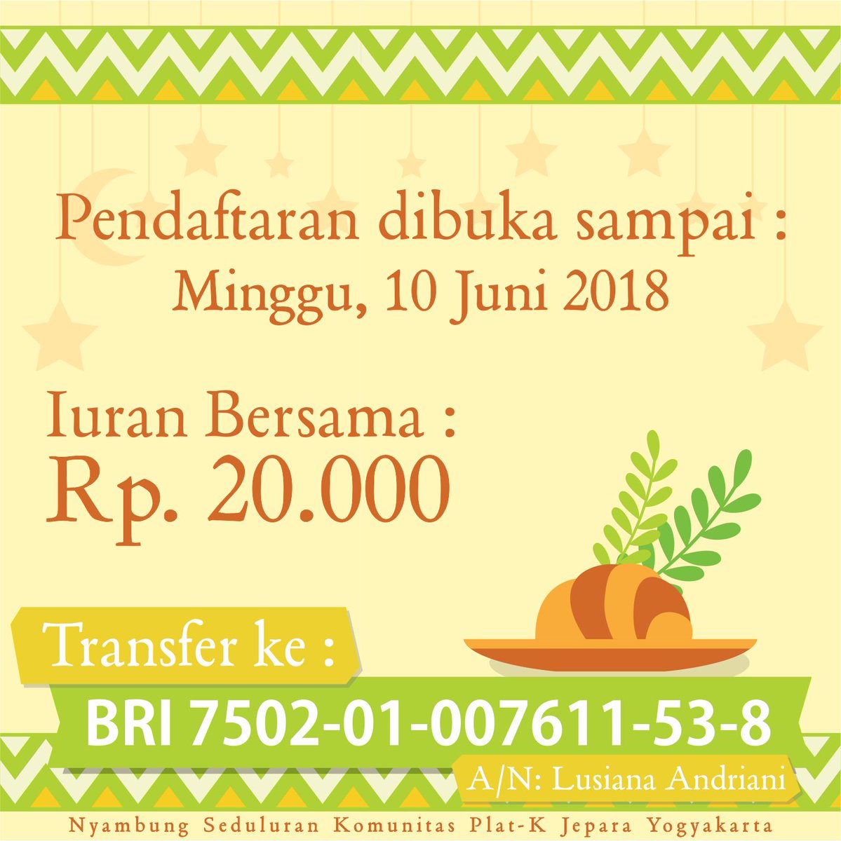 BUKA BERSAMA KOMPAK JEPARA 2018
"KOMPAK NYAMBUNG SEDULURAN​" Hari/Tanggal : Selasa, 12 Juni 2018​
Waktu : 15:00 WIB - Selesai

Informasi Acara:
0823 2454 9110
#kompakjeparajogja #kompakjpryk #bukberkompakjepara2018