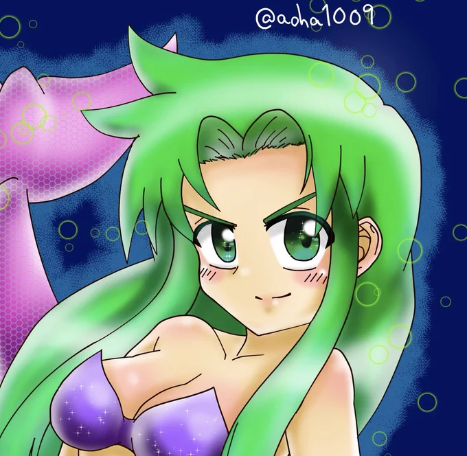 隠密特捜くノ一忍者 ヤエちゃん人魚変化を描きましたデジタルに慣れていくため、「初めてのエアブラシ」「レイヤーの使い分け」を目標に描きました #がんばれゴエモン#ヤエちゃん 
