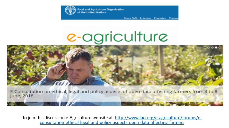 FAOeagriculture's tweet photo. Join the E-Consultation on ethical, legal and policy aspects of open data affecting farmers from 4-8 June 👉 https://t.co/nh3KhVDSld  @CTAflash @godanSec @ITU @GrameenGhana @LandPKS @a_laperriere @landcoalition @landportal https://t.co/FgDLsDFivX