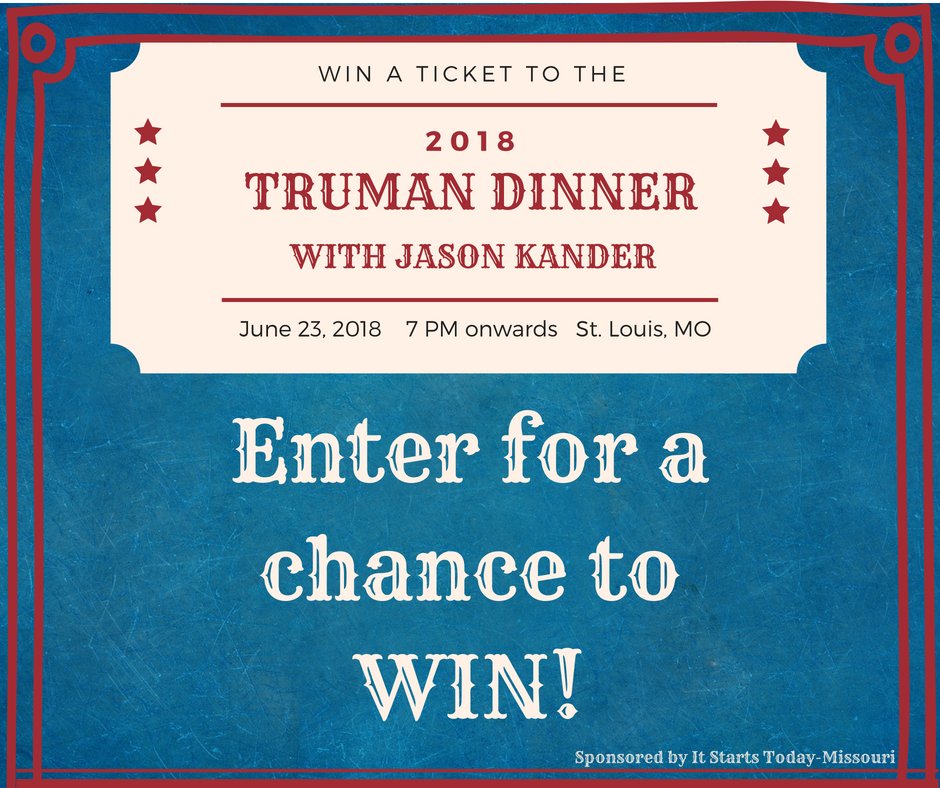 ItStartsTodayMO's tweet photo. Join IST-MO at the Truman Dinner in St. Louis! Enjoy great food and great company, while listening to Jason Kander record a Majority 54 podcast LIVE! It's a night we at IST-MO don't want you to miss. Enter HERE to win a free ticket! 👉https://t.co/WeZq8FVFaf https://t.co/lnWTHdxgYq