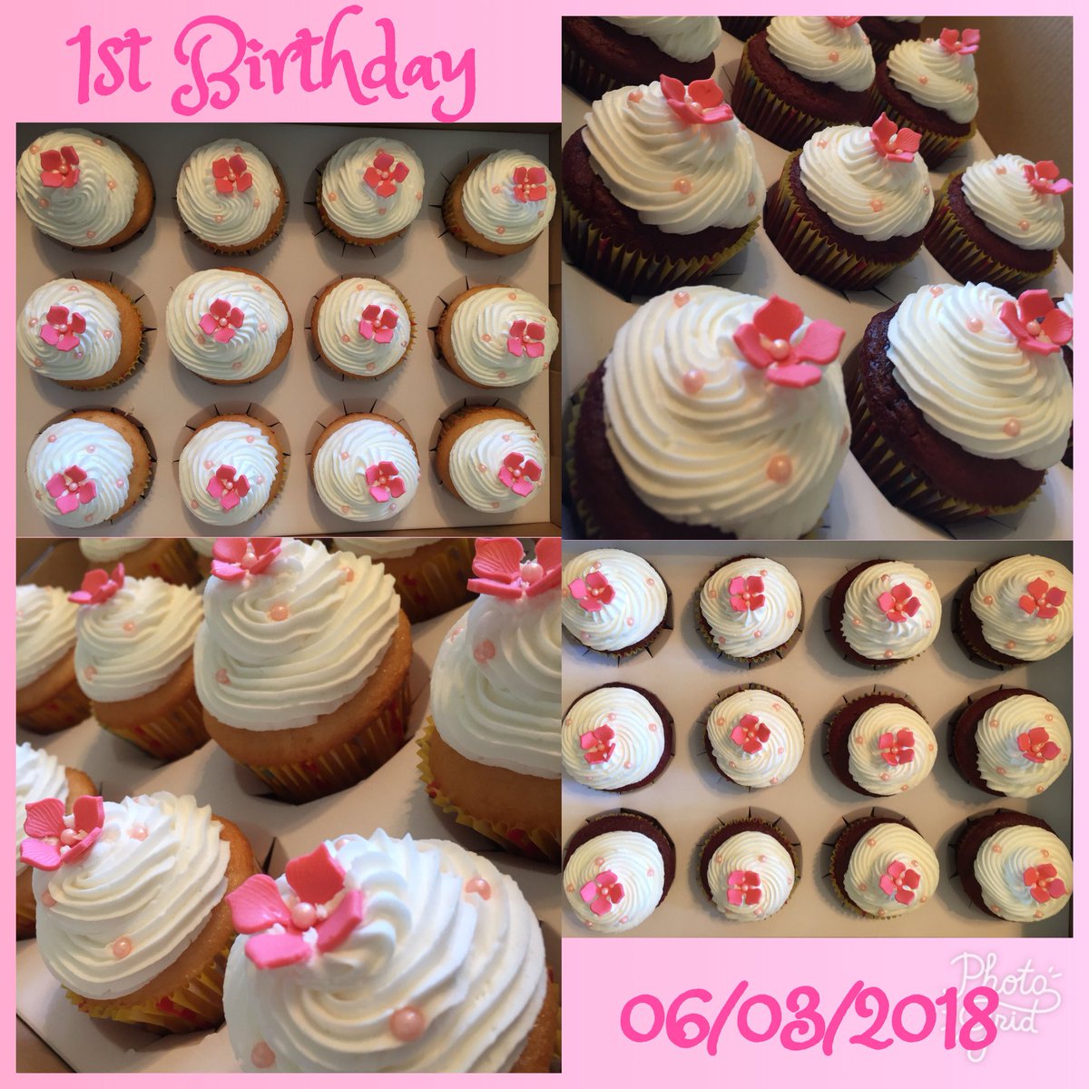 Simple cupcakes. 1/2 red velvet, 1/2 raspberry almond amaretto w/frosting, pink bead & fondant flower decoration. 06/03/2018 #flowercupcakes #cupcakes