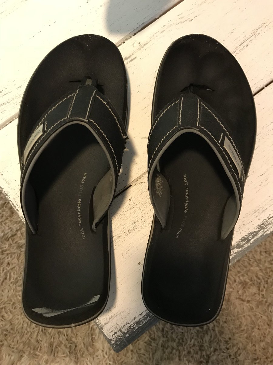 AllieBrom's tweet photo. @newbalance my husband loves these flip flops but needs a new pair. Can you tell me the style name so I can buy it for him? https://t.co/5xcELUhXEo