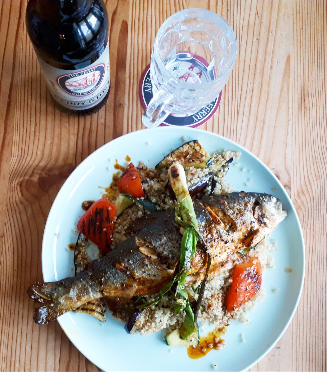 VPetlan's tweet photo. @FerryBrewery #FerryTastyAles Madras rainbow trout with couscous and charegrilled vegetables. https://t.co/k6NTdC280D