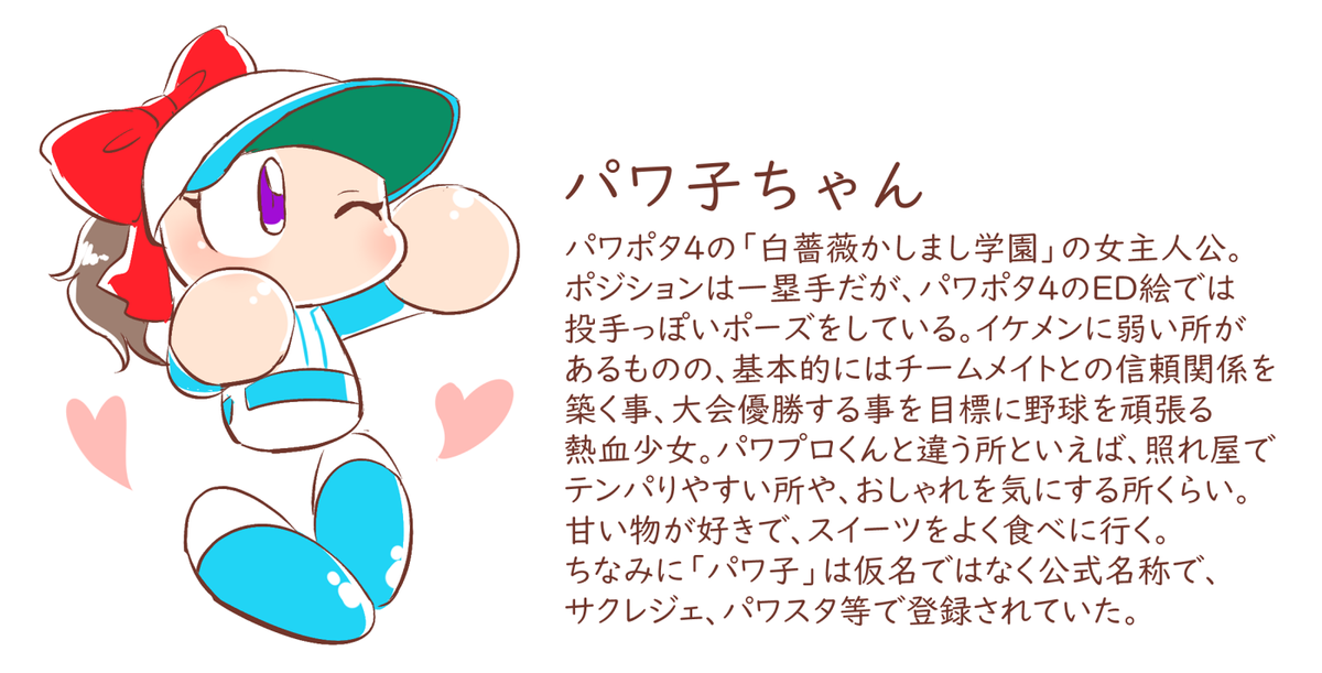 雨草あい 公式で個別に名前がつけられてるパワプロくん顔の子達が可愛いからもっと広めたい ということで 資料用にまとめて描いてみました キャラの説明文は私の解釈混じりで書いたものですが 大体は合ってると思います