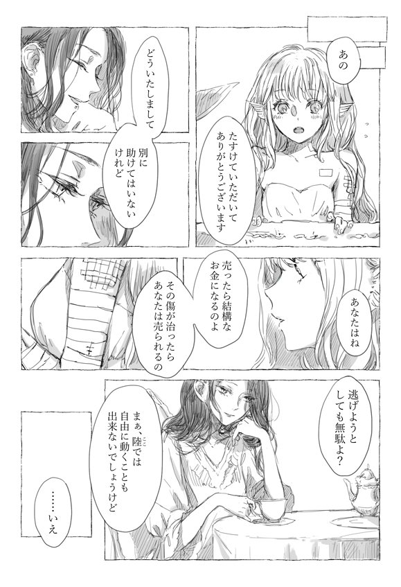 先日の絵を描いてるときに浮かんだ話を漫画にしてみました

お妃様と人魚姫のお話(1/3) 