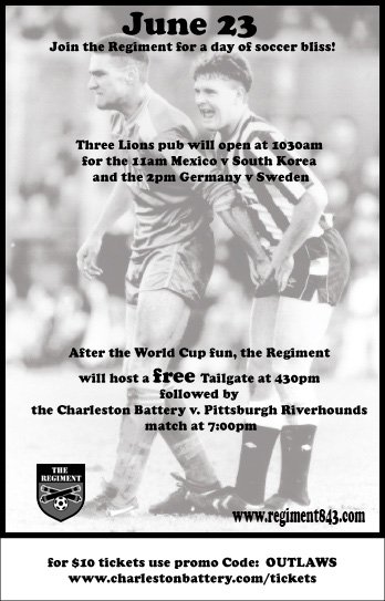 TheRegiment2's tweet photo. inviting all area AO, EPL, Bundesliga, etc supporters groups and fans of soccer to a Day of Soccer on June 23!  WC at the Three Lions, free tailgate and @Chas_Battery match! https://t.co/VHN3mvidkI https://t.co/ccK7VtiJs3