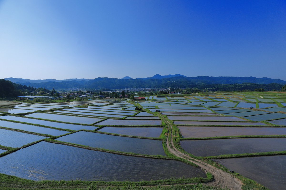 加速装置 写真撮ってます 山形県朝日町の椹平 くぬぎだいら の棚田は 神が落とした扇の田 と呼ばれてるとか 田植えが終わったばかりのこの時期は 青空を映した大きな水鏡の扇 朝日町 日本の棚田百選 椹平の棚田 寫眞倶楽部 写真撮ってる人と