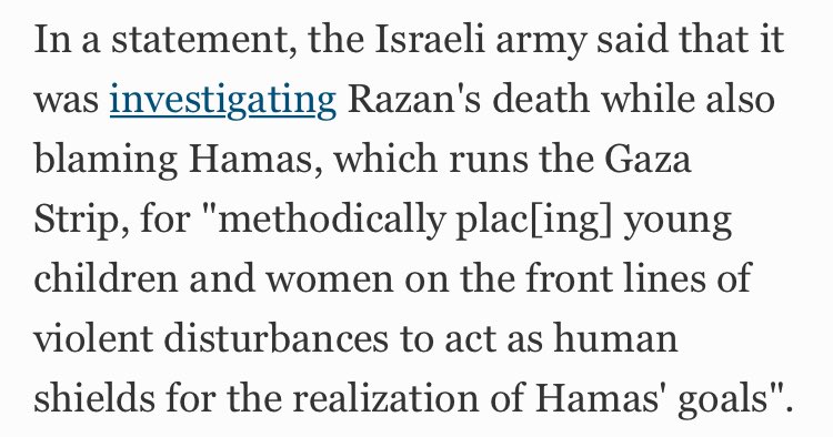NisshaNasir's tweet image. Is this for real?! Israel's response to paramedic Razan Al-najjar's shooting death is "Hamas methodically places children/women on the front lines to act as human shields" The person behind the gun is to blame. The murderous regime is to blame. #AngelofMercy #RazanAlNajjar