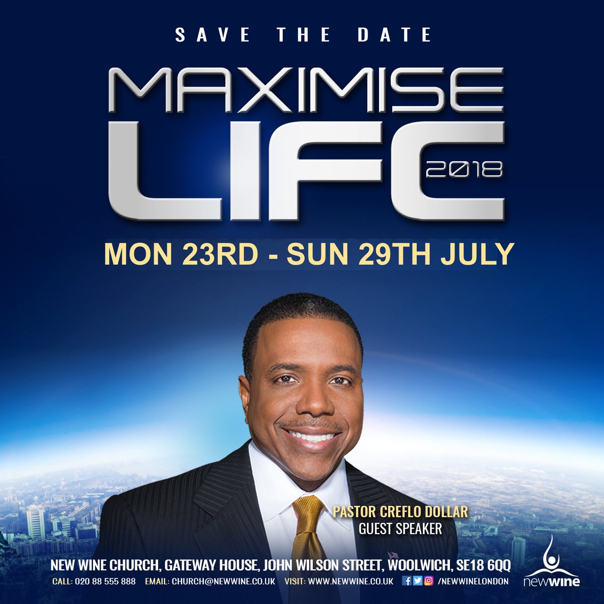 PastorMichaelNW's tweet photo. Maximise Life 2018: 23rd - 29th July.
Looking forward to receiving the phenomenal, apostolic ministry of Dr @Creflo_Dollar.
Join Us... Prepare to experience a week of Powerful Transformation!
See You There!
#MaximiseLife #Change #DivineInfluence https://t.co/vfVNeabTOh
