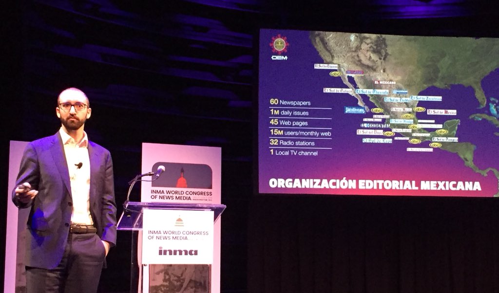 MTaylorisms's tweet photo. Francisco Torres Vázquez of @OEMenlinea explains creation of an enterprise hub for a huge Latin American media company that still retains best of individual local brands. OEM’s digital &amp; print hub is built on @CCIeurope solutions. #INMA18 https://t.co/UZpqLYMyCU