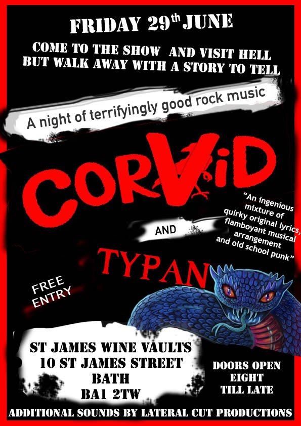 Corvidae - a cosmopolitan family of birds, including crows, ravens, rooks, jackdaws, jays, magpies and choughs.

CORVID - A badass, postmodern punk band from Bath, whom you will miss at your peril!

It's FREE
It's LIVE
It's ST JAMES WINE VAULTS 
It's 29th JUNE