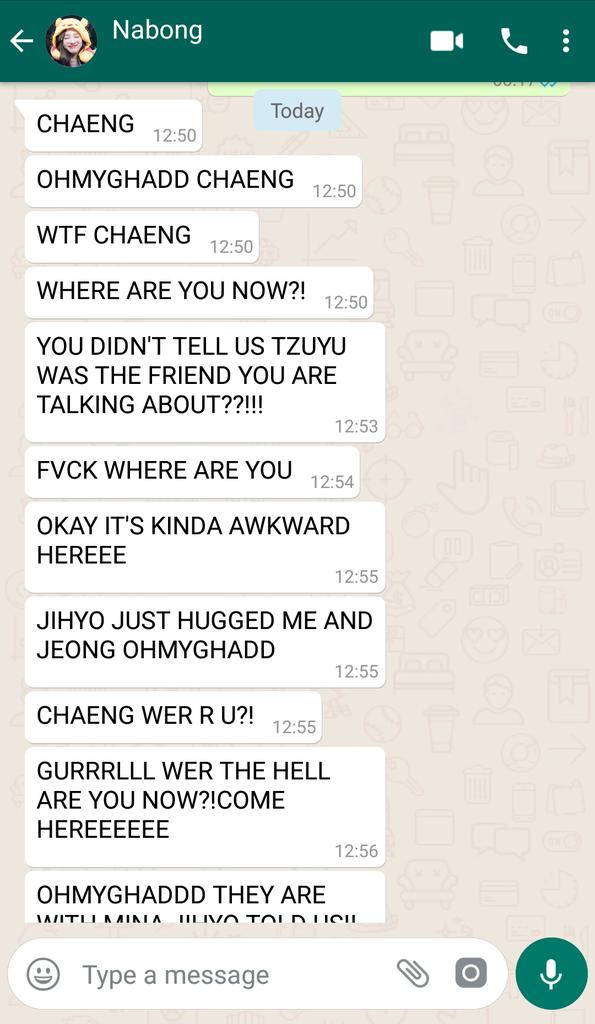 "Hey Chaeng what the hell Why didn't you checked your messages and you didn't told us that your friend is a famous model and close friend of Mina!!" Nayeon told to Chaeng