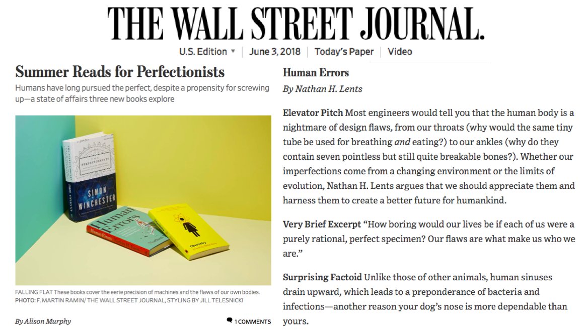 nathanlents's tweet image. The @WSJ recommends my book #humanerrors as a &quot;Summer Read for Perfectionists,&quot; along w/ @simonwwriter&apos;s &quot;Perfectionists&quot; and Weike Wang&apos;s 1st novel, &quot;Chemistry.&quot; Perfectionist or not, what&apos;s on your summer reading list? wsj.com/articles/summe…