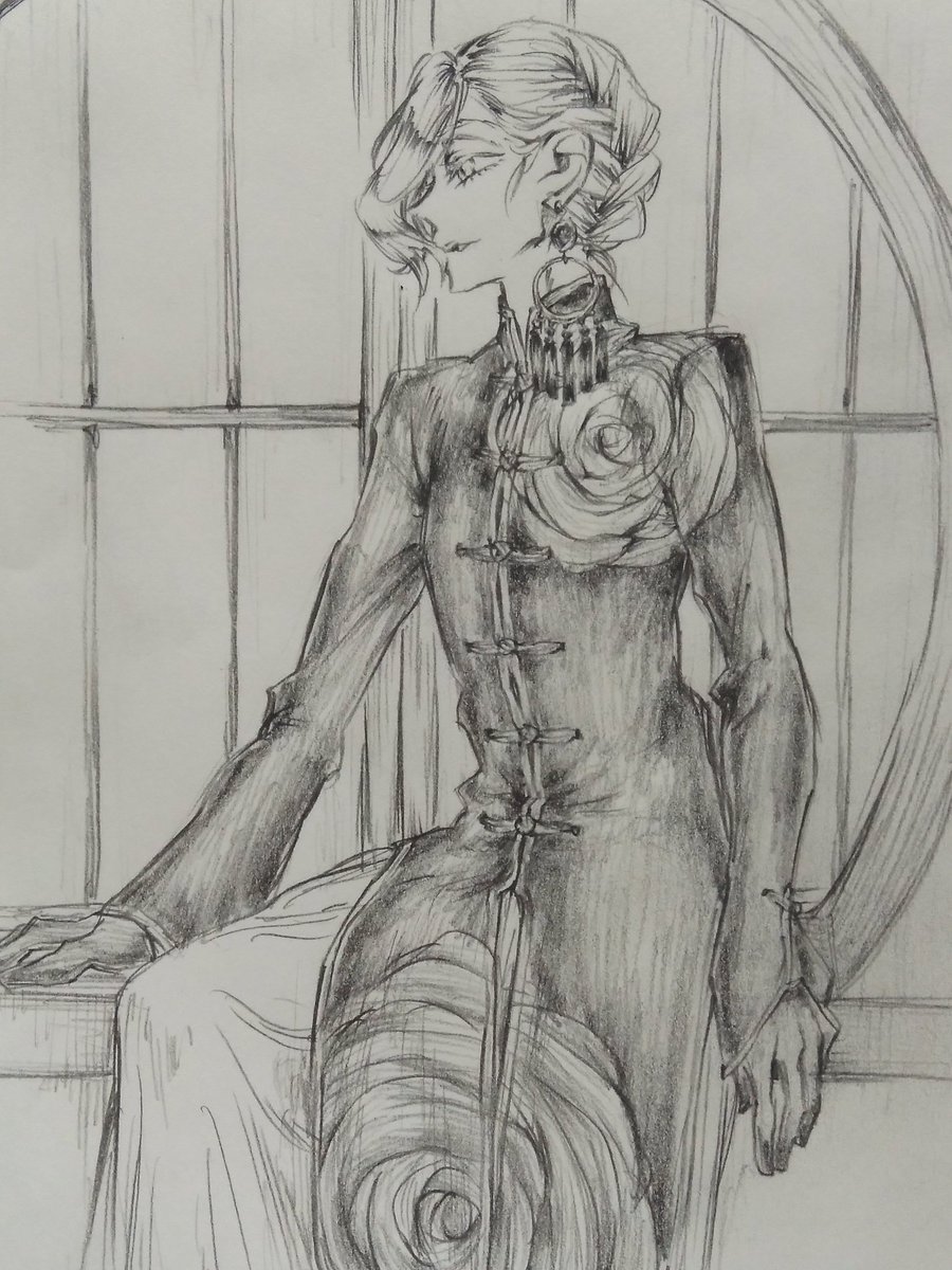 ナイリお兄様お誕生日おめでとうございます

ただただでかい片耳ピアスが描きたかった
赤いバラの絵付の陶器とかの玉に、細い月みたいな金の輪、小さい玉は真紅で房が黒のつもりです…が、房がダークブルーとかならオズ兄っぽくて良いなとも思う…
ピアスの知識無いけど、すげー重そうだとは思ってます 
