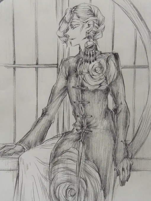 ナイリお兄様お誕生日おめでとうございます

ただただでかい片耳ピアスが描きたかった
赤いバラの絵付の陶器とかの玉に、細い月みたいな金の輪、小さい玉は真紅で房が黒のつもりです…が、房がダークブルーとかならオズ兄っぽくて良いなとも思う…
ピアスの知識無いけど、すげー重そうだとは思ってます 