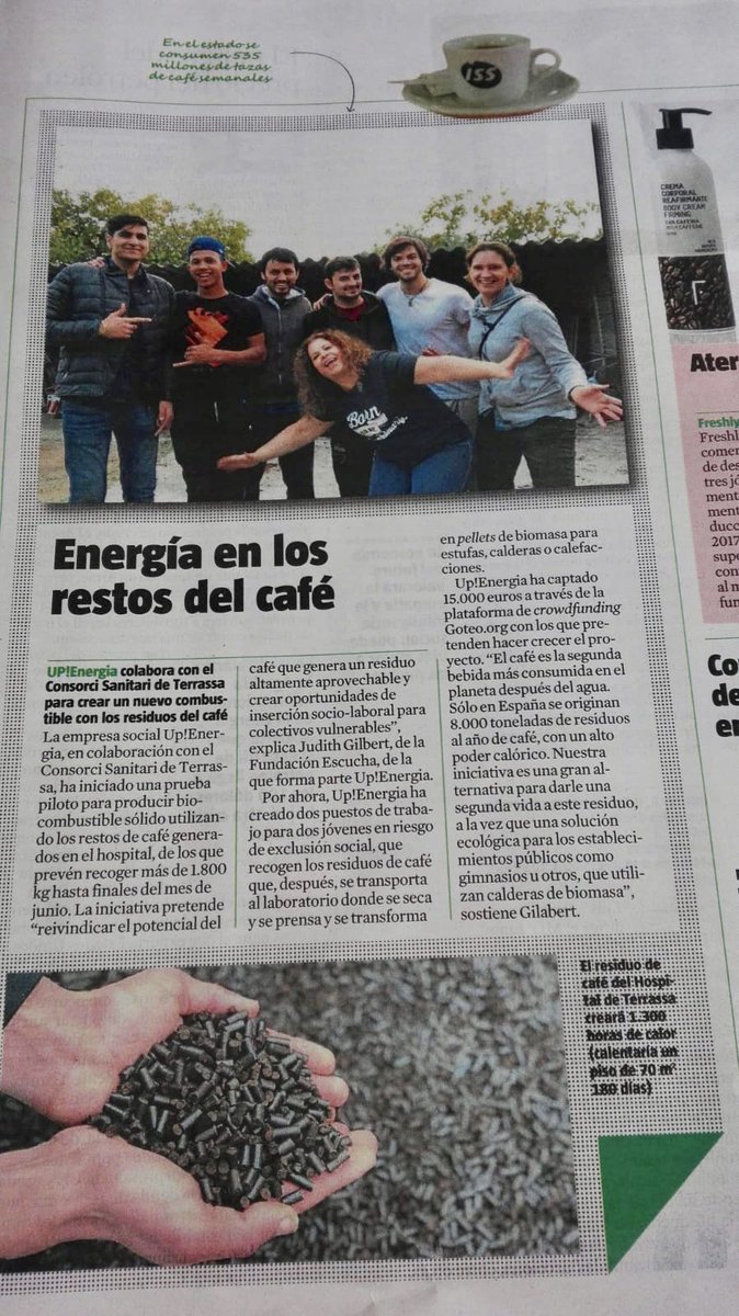 UpEnergia's tweet photo. @UpEnergia lleva a cabo una prueba de recogida de #café del Hospital de Terrassa para la producción de #biomasa y la #inserción socio-laboral de collectivos en exclusión con el Consorcio Sanitario de Terrassa y ISS Facility Services @CSTerrassa @ISS_ES
https://t.co/H94Qgqt32l https://t.co/9jCo3u72v3