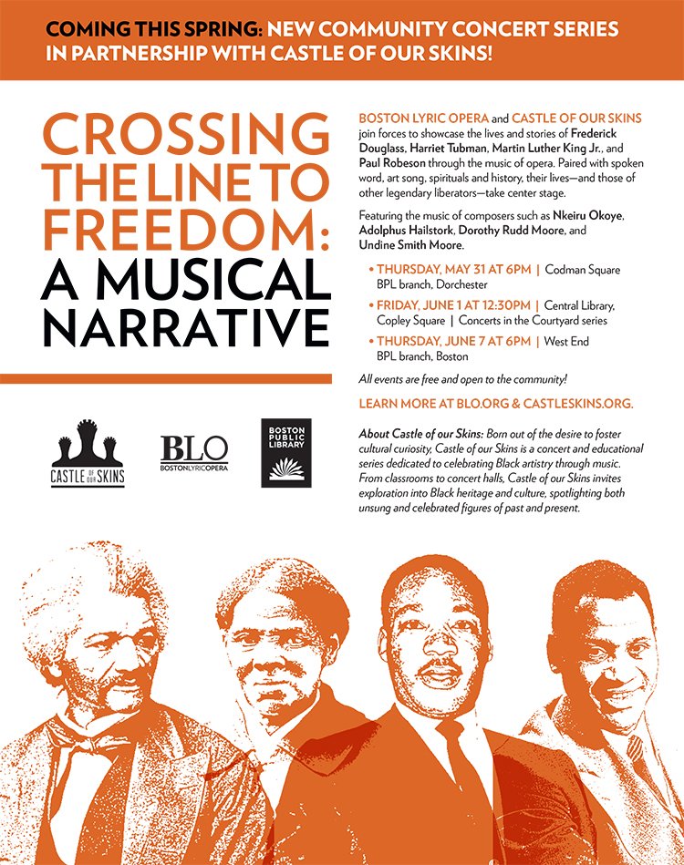 MAAHMuseum's tweet photo. The last of the "Crossing the Line to Freedom: A Musical Narrative" concerts is on Thurs, 6/7 at the BPL West End Branch! Director of Education &amp; Interpretation L'Merchie Frazier will be speaking briefly before the concert. Thanks to @CastleSkins , @BPLBoston , &amp; @BostLyricOpera https://t.co/lxnKfFeRmt