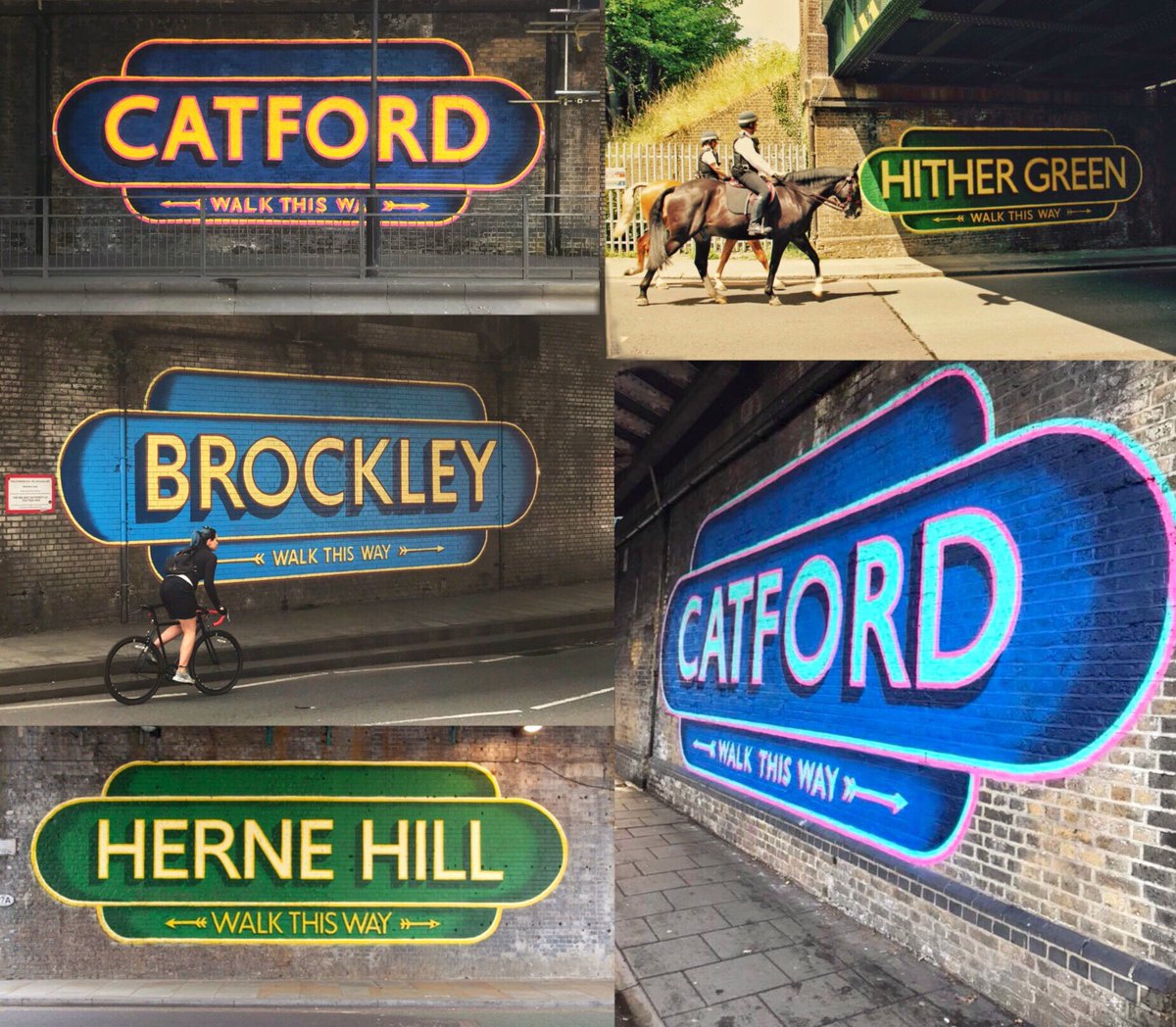 Jilly_Pepper's tweet photo. Large drop-shadow letters of various @lionel_stanhope murals decorating under railway bridges of SE London #FontSunday #microtomassive @DesignMuseum @F_M_studio https://t.co/5wjzumCpid