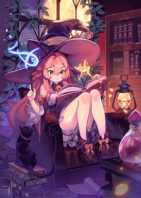 魔女の部屋 #魔女 #猫 #読書 #妖精 #女の子 #少女 #魅惑のふともも #ソファー #魔法 https://t.co/dToMhDnT4z 