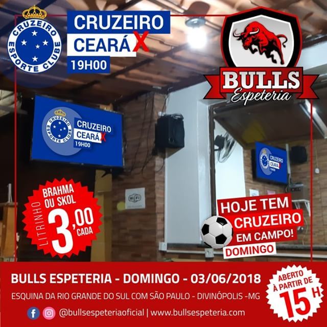 BullsEspeteria's tweet photo. Só vai dar Crueiro nas Telonas da Bulls Espeteria neste domingo à partir das 19h. Mas o esquenta começa é às 15h com litrinho de brahma ou skol por 3,00. Vai perder? Convoca a torcida e vem! #cruzeiro #futebol #ceara #espetinhos #cerveja #divicity #divinopolis #bullsespeteria https://t.co/OTT1H3GjnP