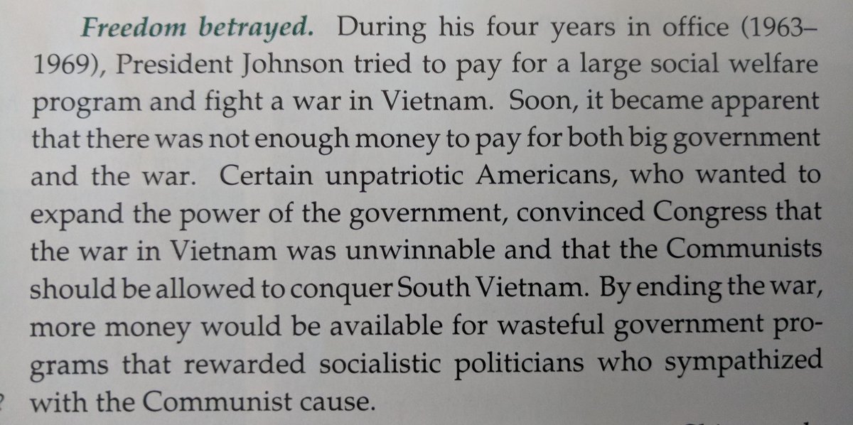 Here's what Christian students are taught by Abeka about the Vietnam War: that opposition to it came from "unpatriotic" Americans who "betrayed" the cause of freedom.  #ChristianAltFacts