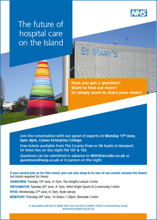 MyLifeAFullLife's tweet image. Do you have a question about the future of hospital services on the Isle of Wight? Join us at Cowes Enterprise College 11th June 6-8pm free tickets from @iwradio and @iwcponline offices in Newport or drop-in to any one of our events across the Island