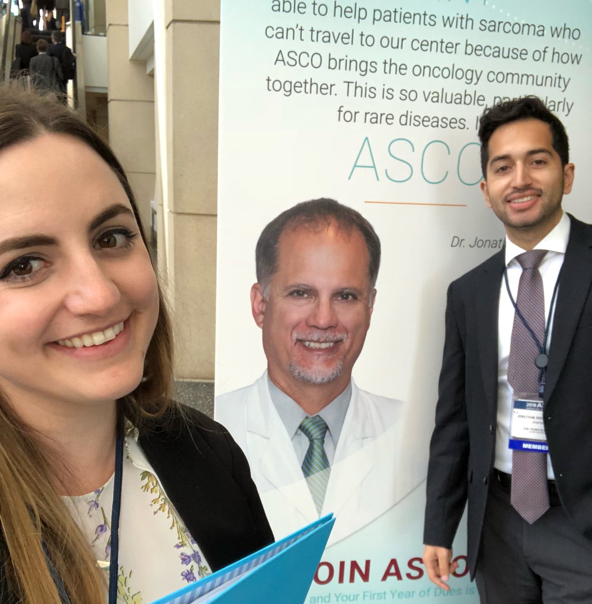Me and <a href="/SanamAmidi/">Sanam Amidi</a> posing with sarcoma specialist and amazing Syapse partner <a href="/JTrentMDPhD/">Jon Trent, MD, PhD</a> #ASCO18 #trentselfie