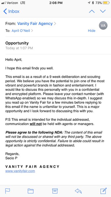 And I just got this email ? Like Vanity Fair is gonna WhatsApp me? So obviously professional ? https://t
