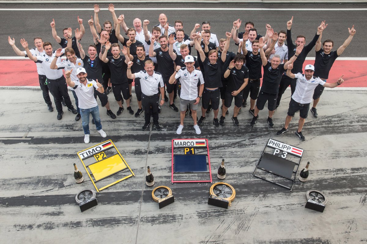 BMWMotorsport's tweet photo. 1, 2, 3 – amazing team work, guys. You did it great! #WeKeepOnPushing #ranDTM #DTMBudapest https://t.co/op1haLE5QI