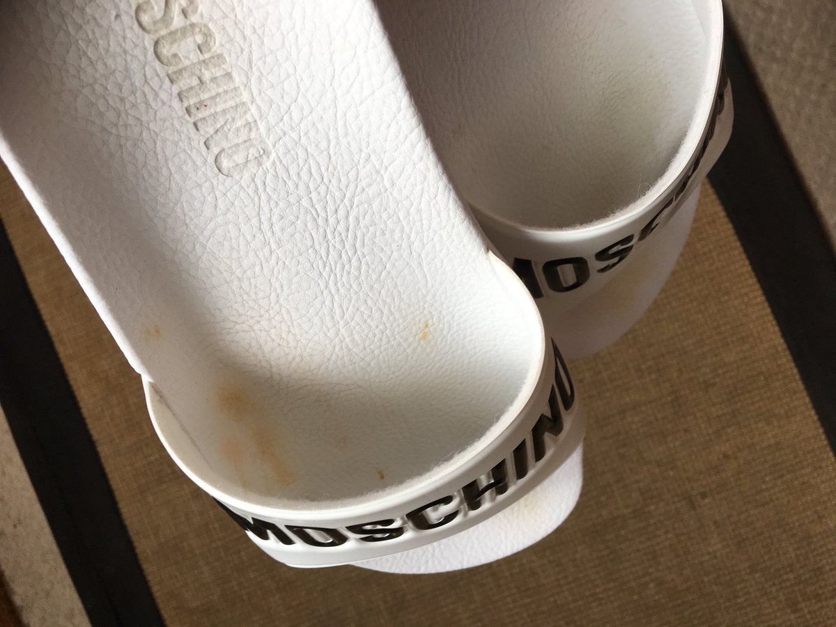 adamfiercedj's tweet photo. Bought some @Moschino sliders from @choiceslondon on Wednesday last week wore them for the first time today and this is what happens. For £90 odd I don’t expect the quality to be this poor really not happy at all!!! 🤬 https://t.co/j0z8v5ipx7