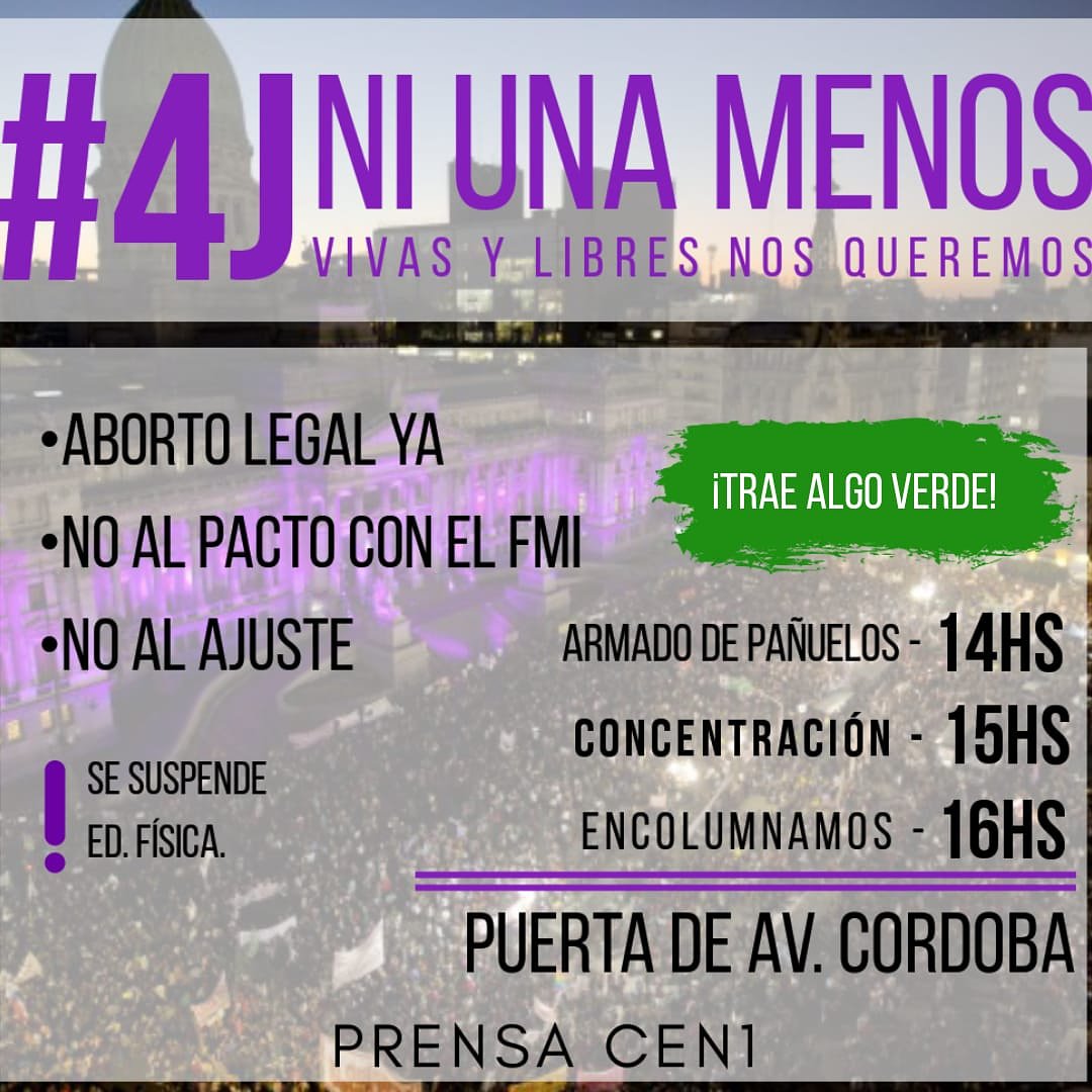 PyDCEN1's tweet photo. Por el aborto legal, por la real aplicación de la ley de educación sexual integral y el protocolo en todos los colegios ante hechos de violencia de género volvemos a las calles porque VIVAS, LIBRES Y DESENDEUDADAS NO QUEREMOS.

[IMPORTANTE: SE SUSPENDEN LAS CLASES DE ED FÍSICA] https://t.co/bmqfJN0BAW