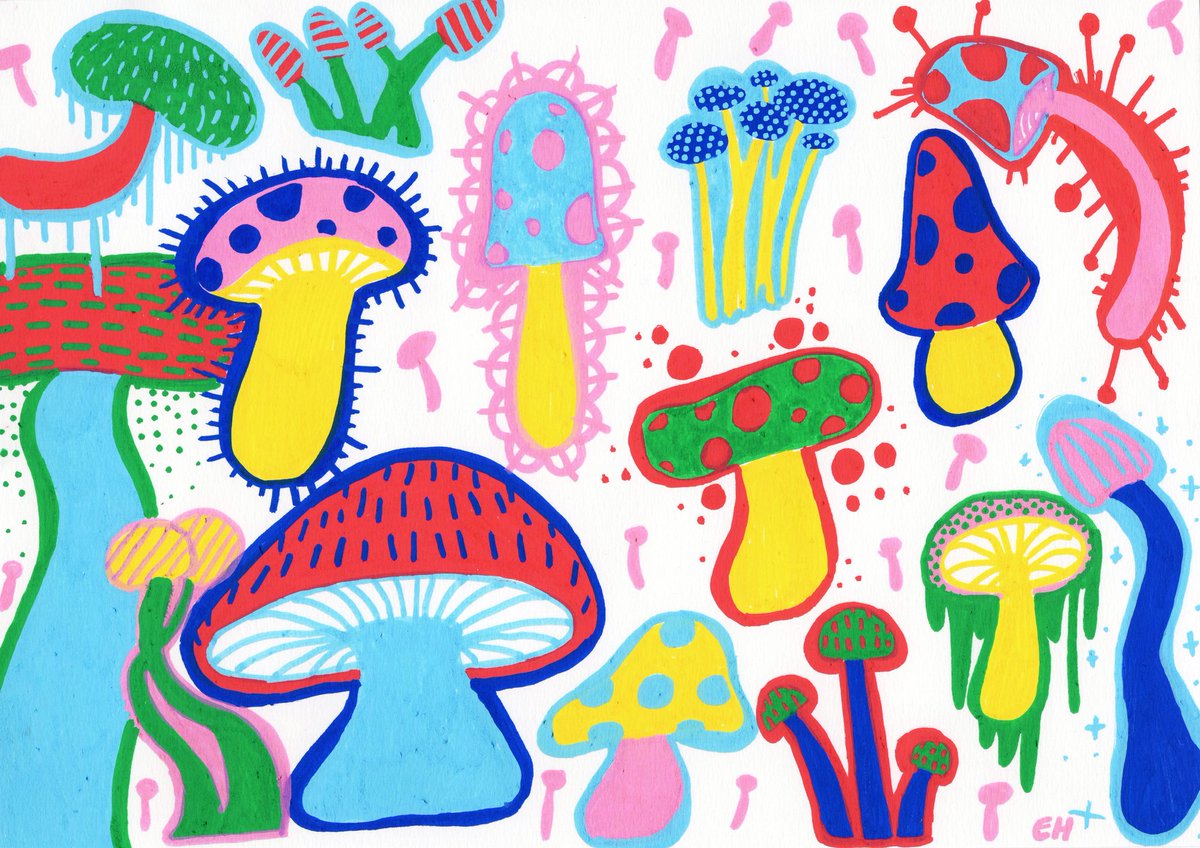 TheDrawnie's tweet image. I sketched some mushy rooms last night.
🍄❤💗💜💛💚💙 experimented a bit with the shapes, color combos and patterns.

#sketch #sketches #sketchesontwitter #mushrooms #colorful #psychedelic #trippy #art #posca #poscapens #ArtistOnTwitter #drawing