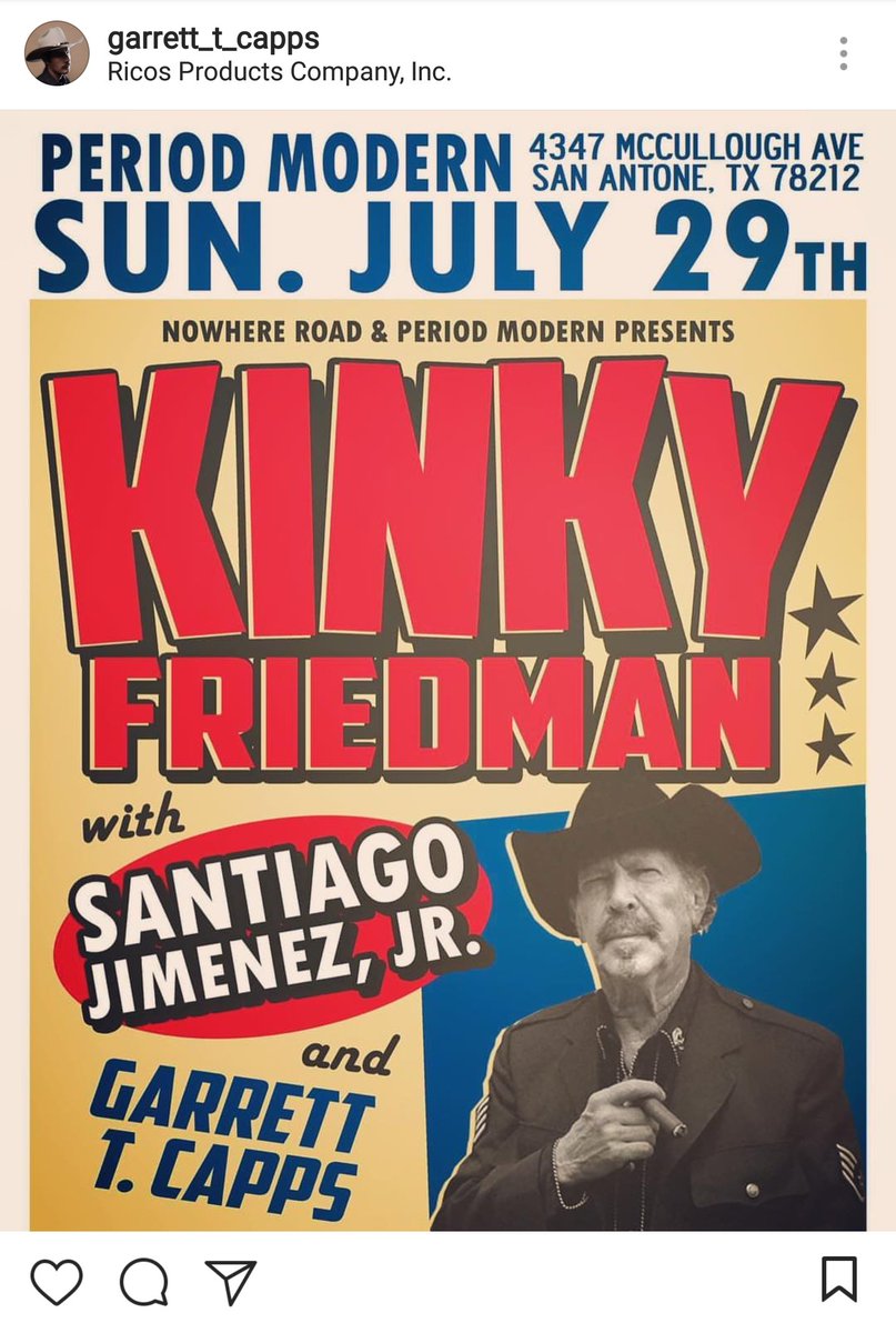 GTC & The Three Timers (@thethreetimers) on Twitter photo NOWHERE ROAD and PERIOD MODERN Presents an evening with Kinky Friedman featuring Conjunto accordion legend Santiago Jimenez Jr and <a href="/Garrett_T_Capps/">Garrett T Capps</a> #nowhereroadpresents <a href="/thekinky/">Kinky Friedman</a> live at #periodmodern in beautiful (Olmos) San Antonio, TX. NOWHERE ROAD and PERIOD MODERN Presents an evening with Kinky Friedman featuring Conjunto accordion legend Santiago Jimenez Jr and <a href="/Garrett_T_Capps/">Garrett T Capps</a> #nowhereroadpresents <a href="/thekinky/">Kinky Friedman</a> live at #periodmodern in beautiful (Olmos) San Antonio, TX.