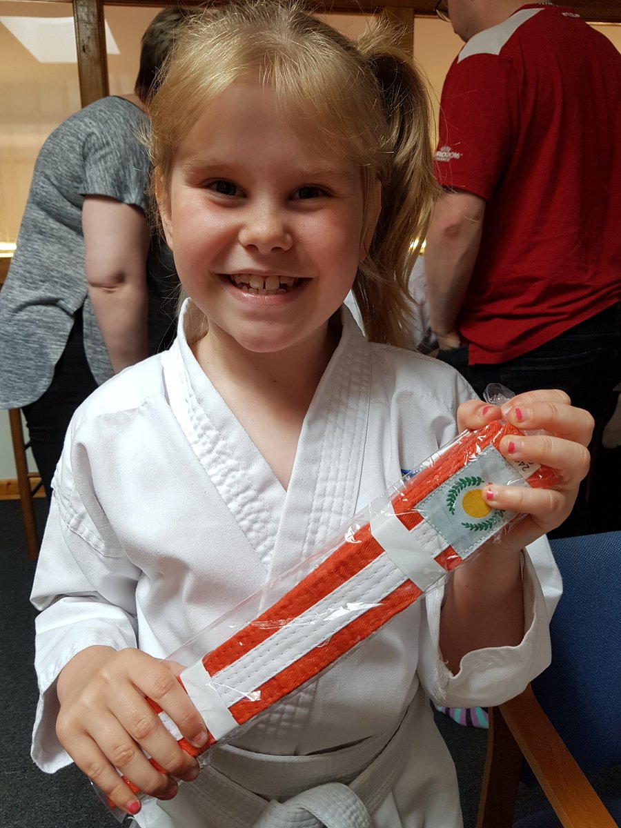 Super proud of Teigan, up during the night ill &amp; this morning with a bug but still took part in the first Karate grading and got her next belt.  @P4Stobie