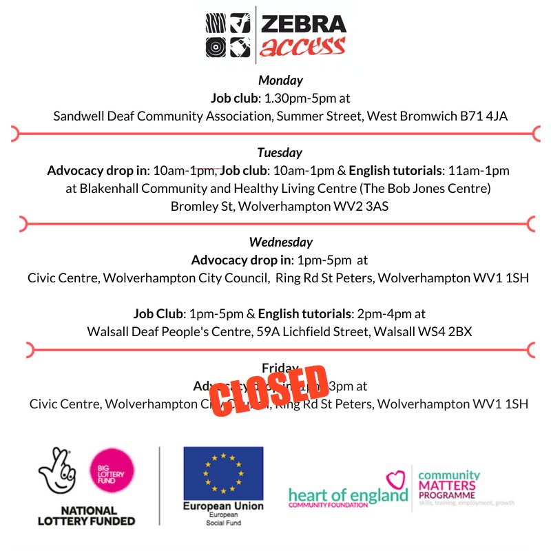 ZebraAccess's tweet photo. THIS WEEK: 4th June - 8th June 
#ZebraAccess #Services &amp; #Activities 
#NationalLottery #HoEComMatters #jobclub #Englishtutorials #advocacy #dropin  #deaf #community #badminton https://t.co/nFaRrbLxtS