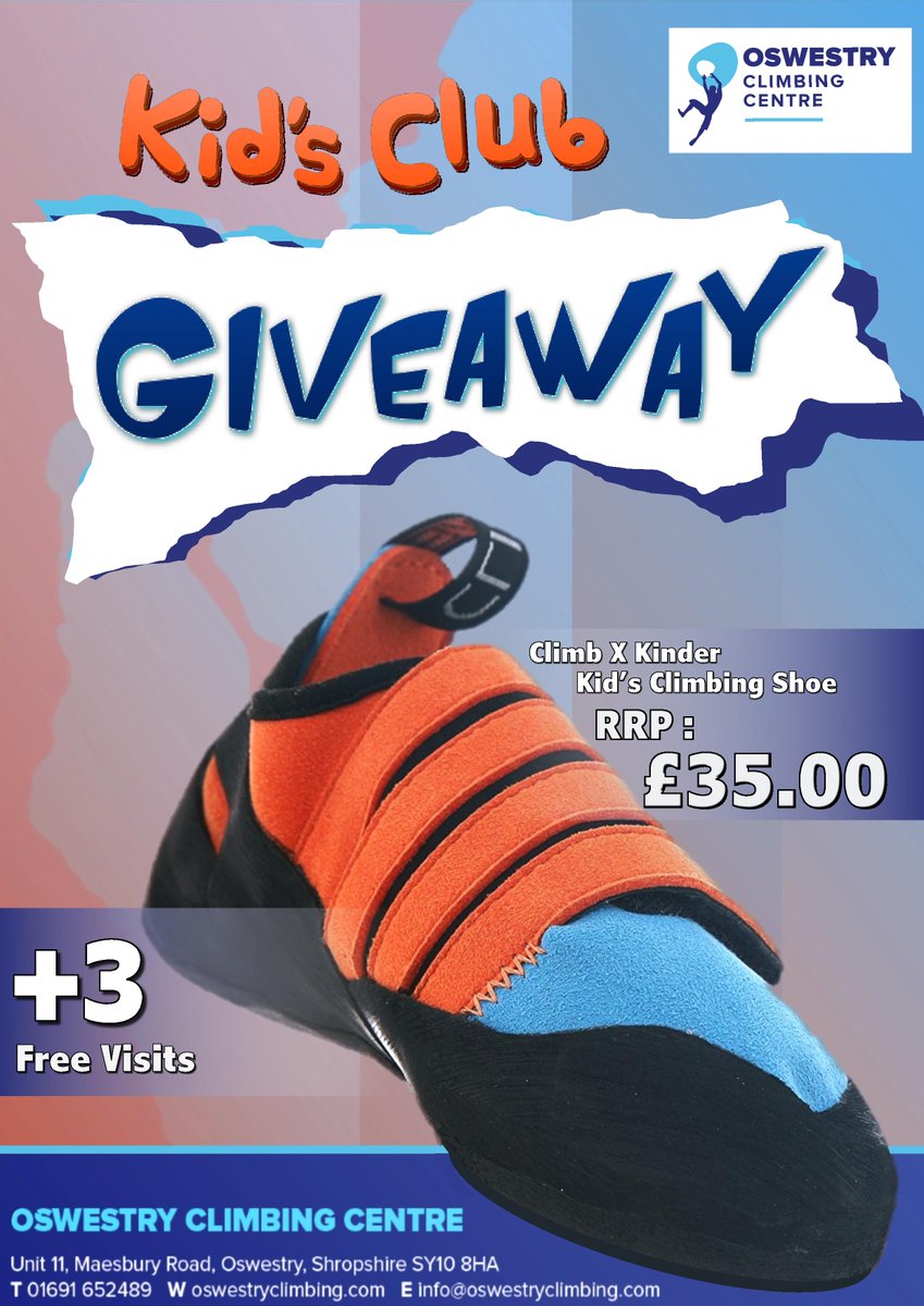 OswClimbing's tweet photo. KID’S CLUB GIVEAWAY!!!

RETWEET this post for your child to win a pair of Climb X Kinder kid’s climbing shoes, as well as THREE FREE VISITS to our very own Saturday Morning Kid’s Club!
 
The competition will close at the end of June, so make sure to RETWEET on or before the 30th. https://t.co/WOG8YemIcE