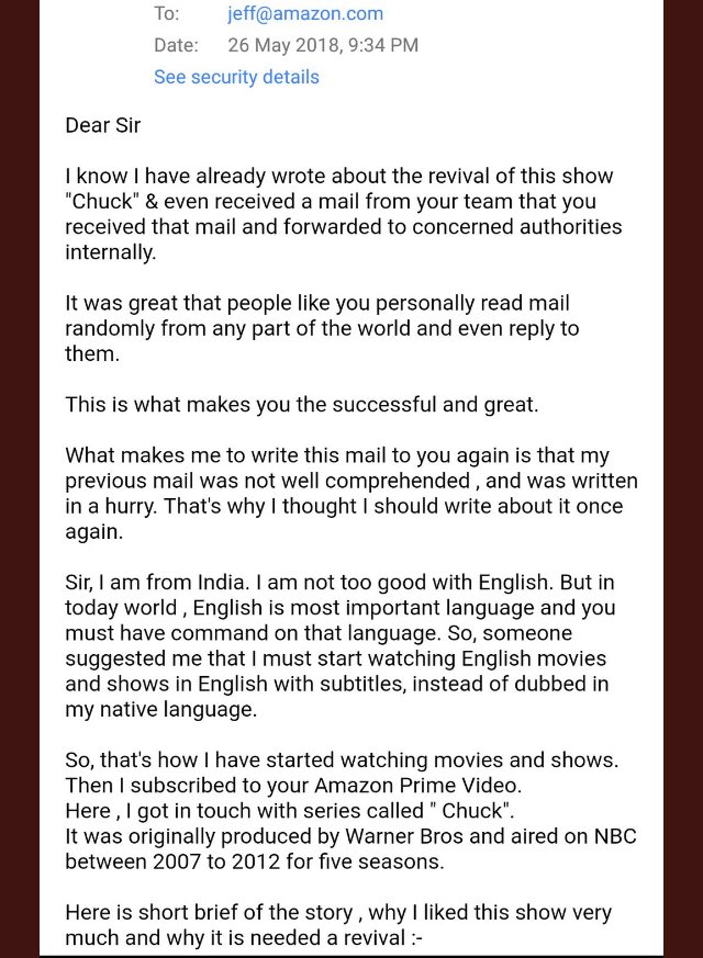 TvChuckFanMovie's tweet photo. Dear #chucksters I tell you that we are moving things a bit to relive the new adventures with #Chuck we sent an email to a person interested in reliving our TV series #ReviveChuck @nbcchuck @ChuckVStheMovie @chucktvdotnet @nbcchuckquote @TVLine @JeffBezos @ZacharyLevi @EW @IMDbTV https://t.co/ajzxRW65zq