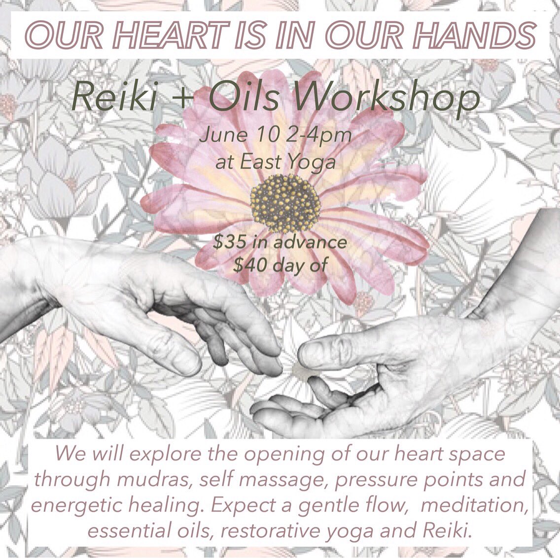 EastYoga's tweet photo. Treat yourself! Open up next Sunday afternoon to some gentle healing...
OUR HEART IS IN OUR HANDS
Reiki + Oils Workshop
Hannah Wendel + Jennie Epland
Sun 6/10, 2-4 pm
https://t.co/n6HHL9U1XC
#nycyoga #yoganyc #eastvillage #heartopening #reiki #aromatherapyoil #restorativeyoga https://t.co/SVkqFjYyIn