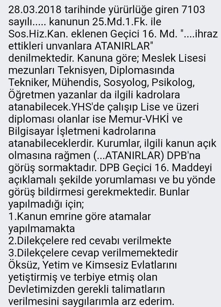 #Devletincocuklari #RT_Erdogan   sesimizi duyun sayın CUMHURBAŞKANIM..  öğrenim durumuna göre yerleştirilme kanunu..  Meslek Lisesi - Düz lise ayrımı yaparak %90 yurttan çıkıp işe yerleşen gençler DPB tarafından mağdur ediliyorlar bu işi sizden başka çözecek kimse yok saygılarıml