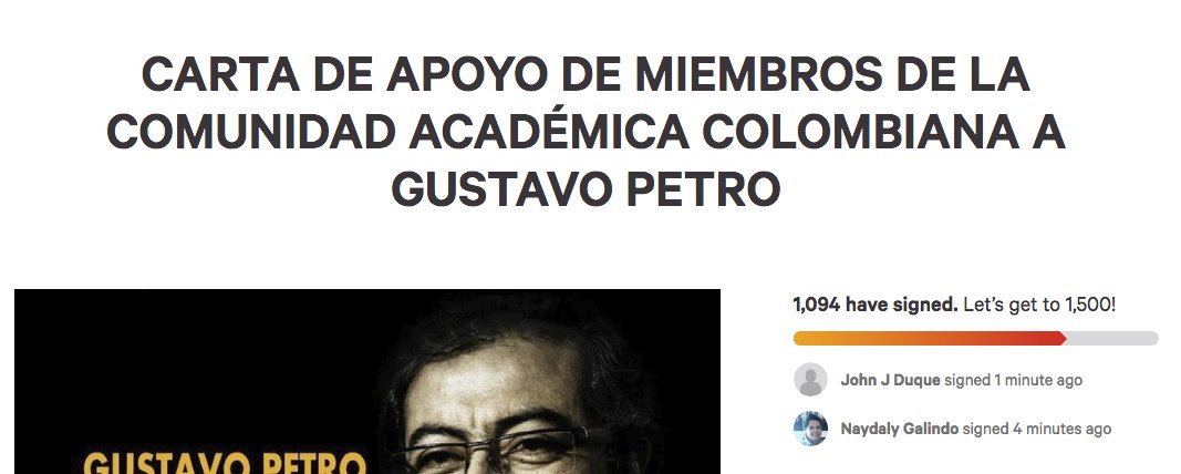 Caidadelatorre's tweet image. ¿Qué creen? 1094 académicos han firmado la carta de apoyo a Petro. Sumados a los casi 300 q firmaron la carta antes de subirla a Change.org, es decir, 1.400!! Llegue o no a la presidencia, esto ya es una victoria. change.org/p/carta-de-apo… #PetroesElCambiodeverdad
